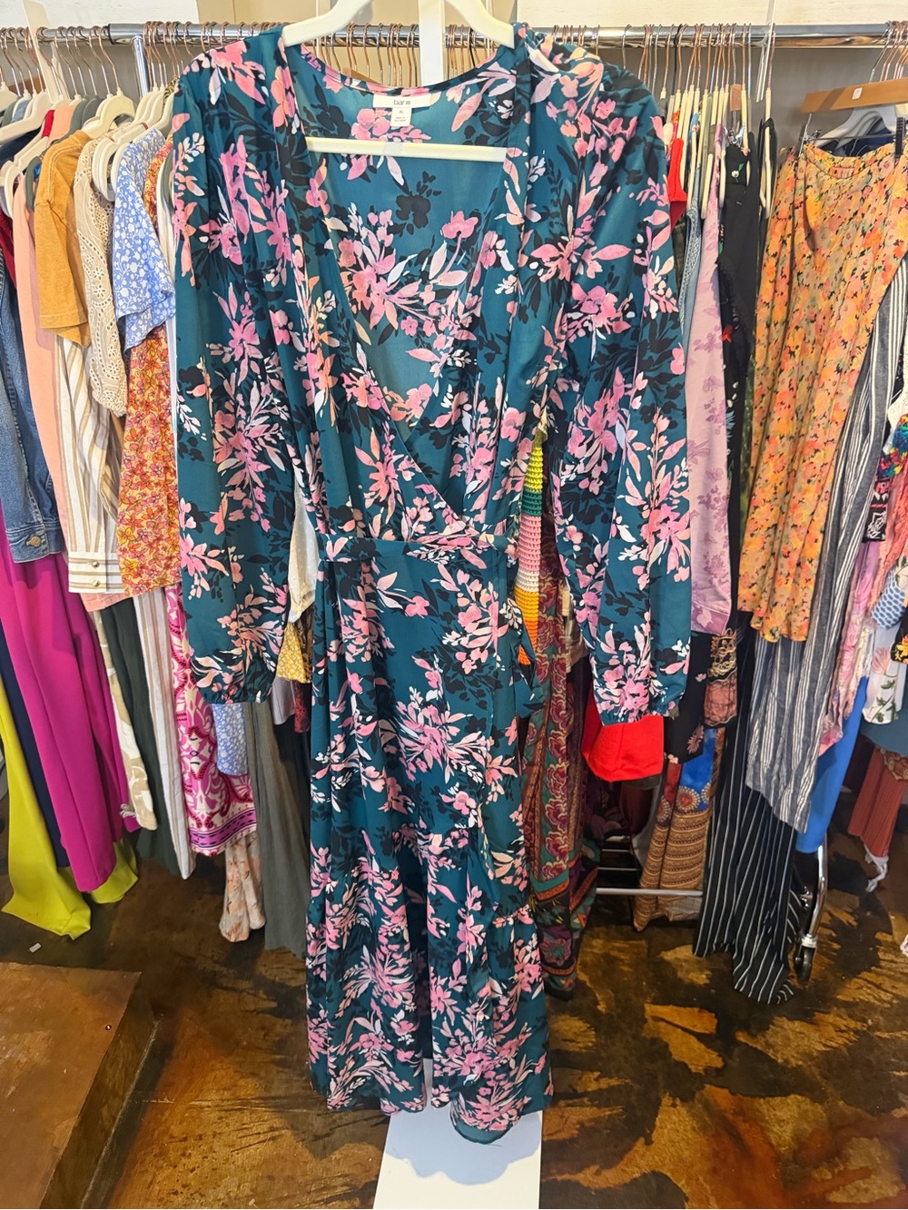 NWOT Bar III Teal Maxi Wrap Dress with Pink Floral Pattern - Picture 5 of 8